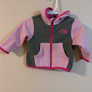 The North Face Pink and Gray Hooded Fleece Jacket 3-6 months
